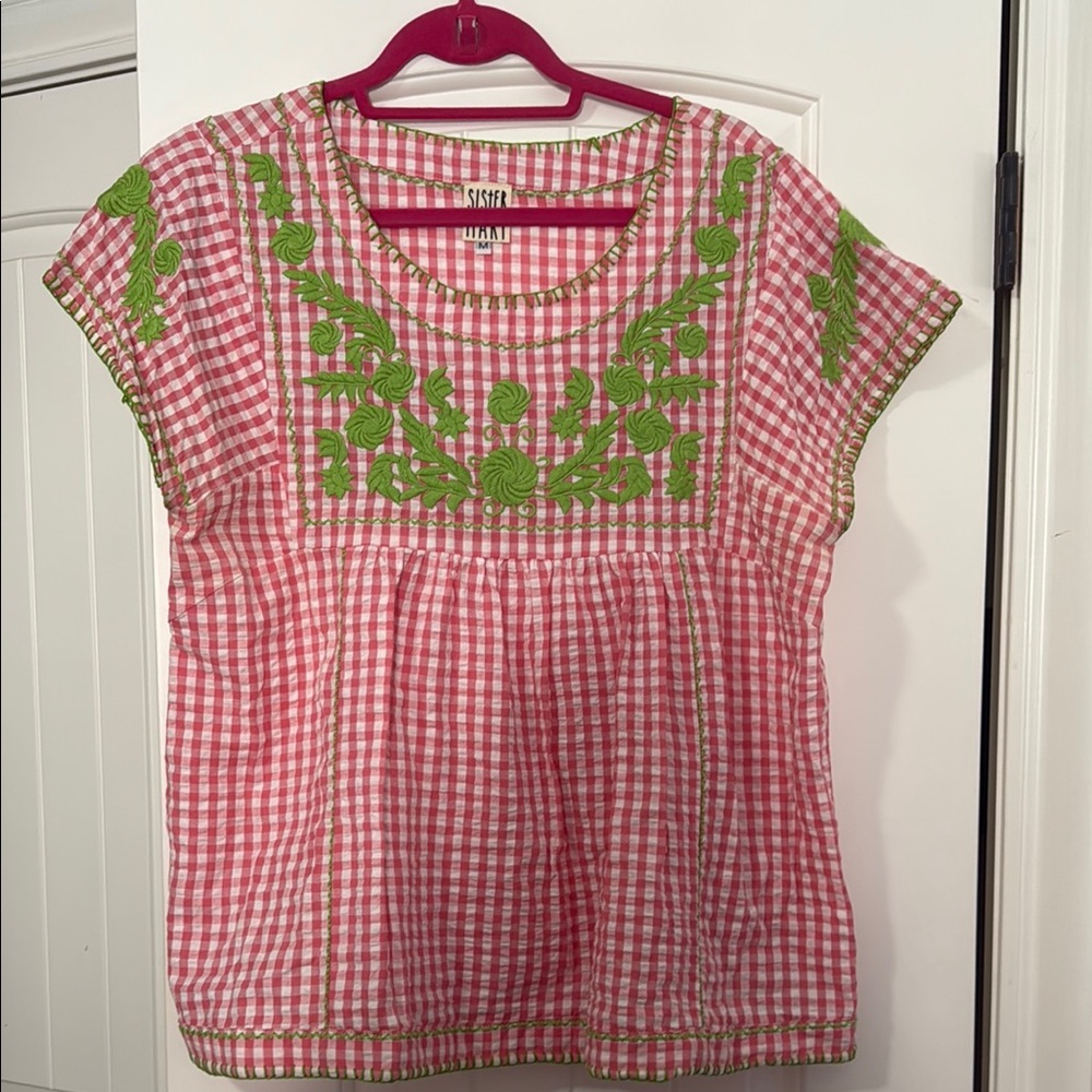 Women's Pink and Green Embroidered Blouse